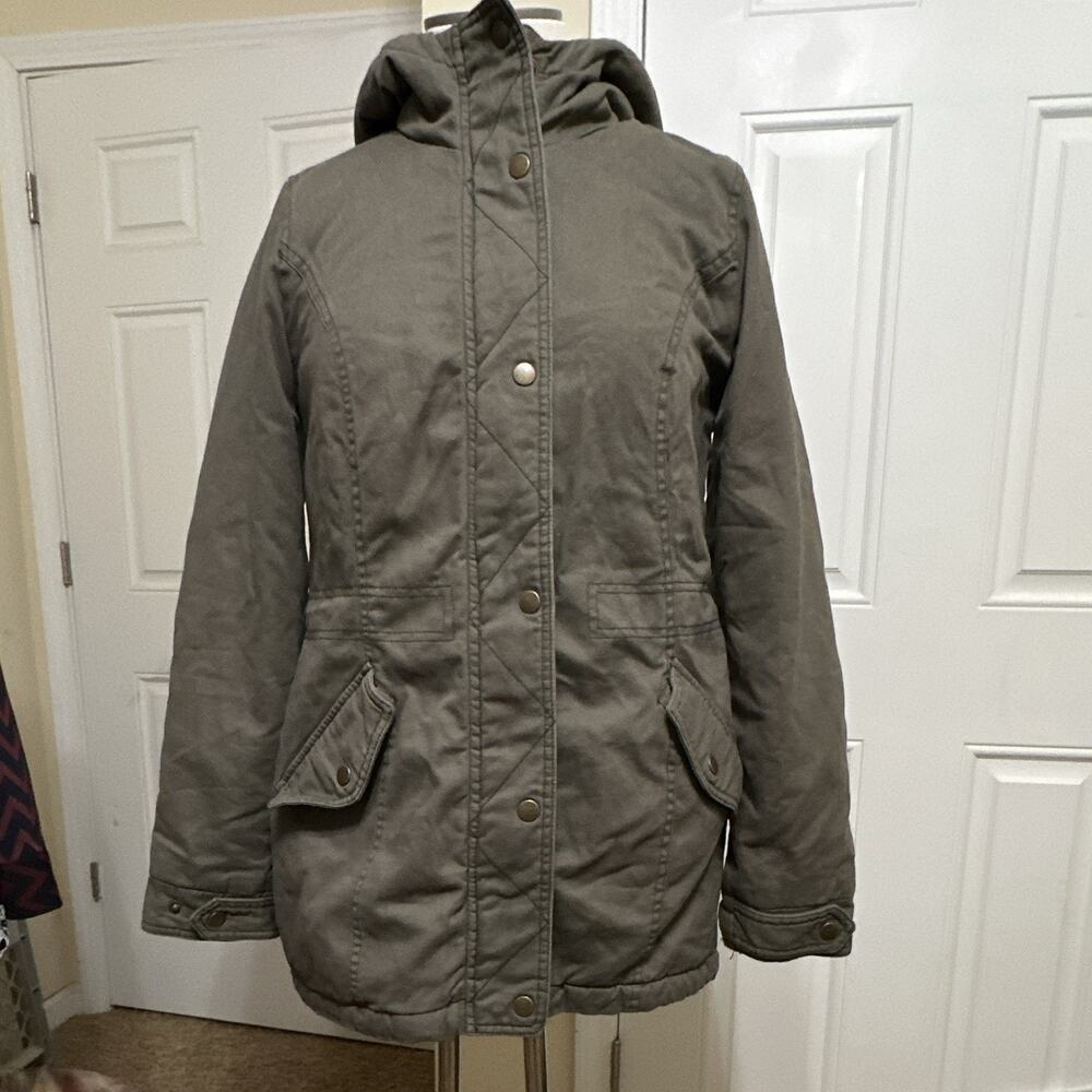 Sebby Women’s Green Hooded Mid-Length Parka Jacket Zip Snap Front Lined M